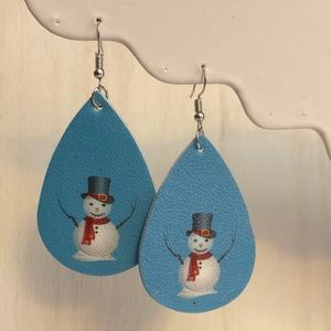 Blue Snowman PU Leather Holiday Teardrop Earrings